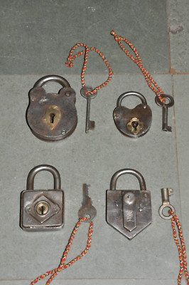 4 Pc Vintage Unique Shape Iron Handcrafted Different Padlocks , Nice Patina