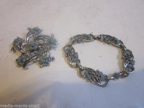 VINTAGE 1960'S COSTUME JEWELRY SILVERTONE FAUX TURQUOISE BRACELET & BROOCH SET