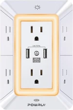 Fosmon C-10685 125VAC 15A 1200J 6-Outlet Wall Tap Surge Protector with 2 USB...