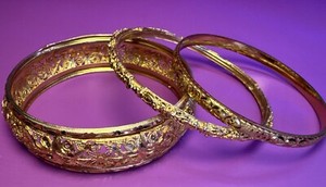 Authentic Three Gold Plated Bangle Bracelets Bojo India Style Set Of 3