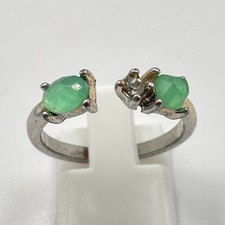 Vintage Y2K Silver Tone Green Faux Jade Glass Rhinestone Bypass Open Ring Retro