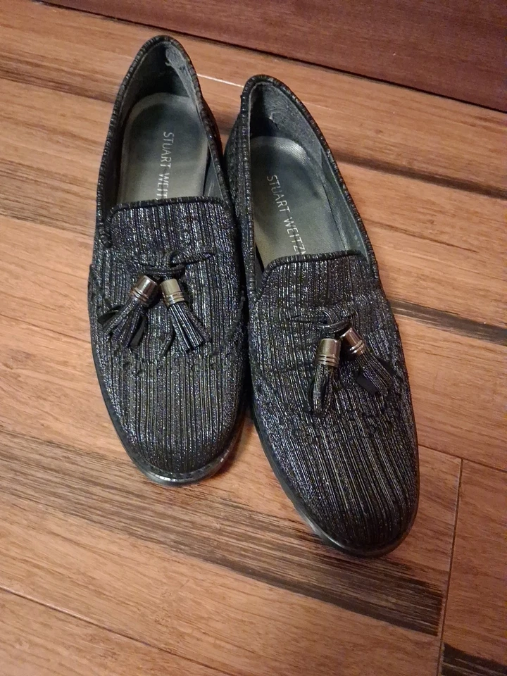 Stuart Weitzman Black Silver Fabric Tassel Detail Slip On Loafers Size 5. 5 - Image 2 of 4