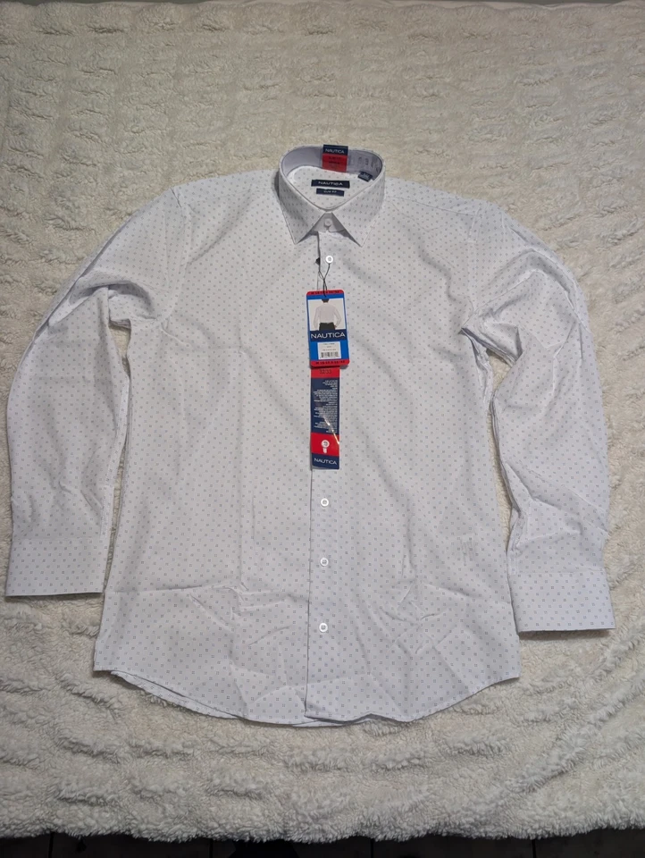 Nautica Slim Fit Performance Dress Shirt M 15-15.5 White Pattern a1240 - Image 2 of 4
