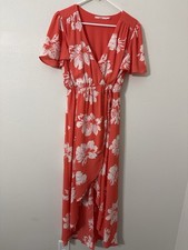 Mi Ami Women’s L Floral Wrap Maxi Dress Coral White Short Sleeve Boho Summer