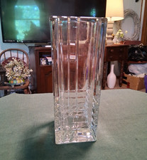 Unmarked Clear Glass Square Vase 8 in Tall Paneled Geometric 3x3 Italian