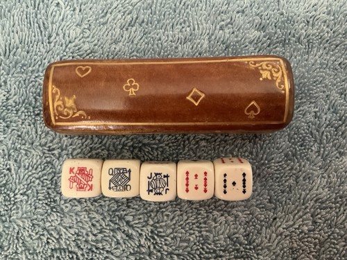 Vintage Italian Leather case Poker Dice Set – Celluloid Dice, Gold Embossed...
