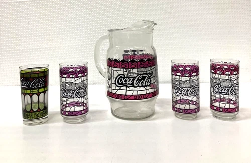 Lot of Vintage 4 Glasses & 1 Glass Jug Purple Tiffany Style Coca Cola Glassware