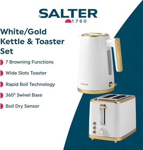 STYLISH White & Gold Microwave 3KW Kettle 2 Slot Toaster & Kitchen Canister Set