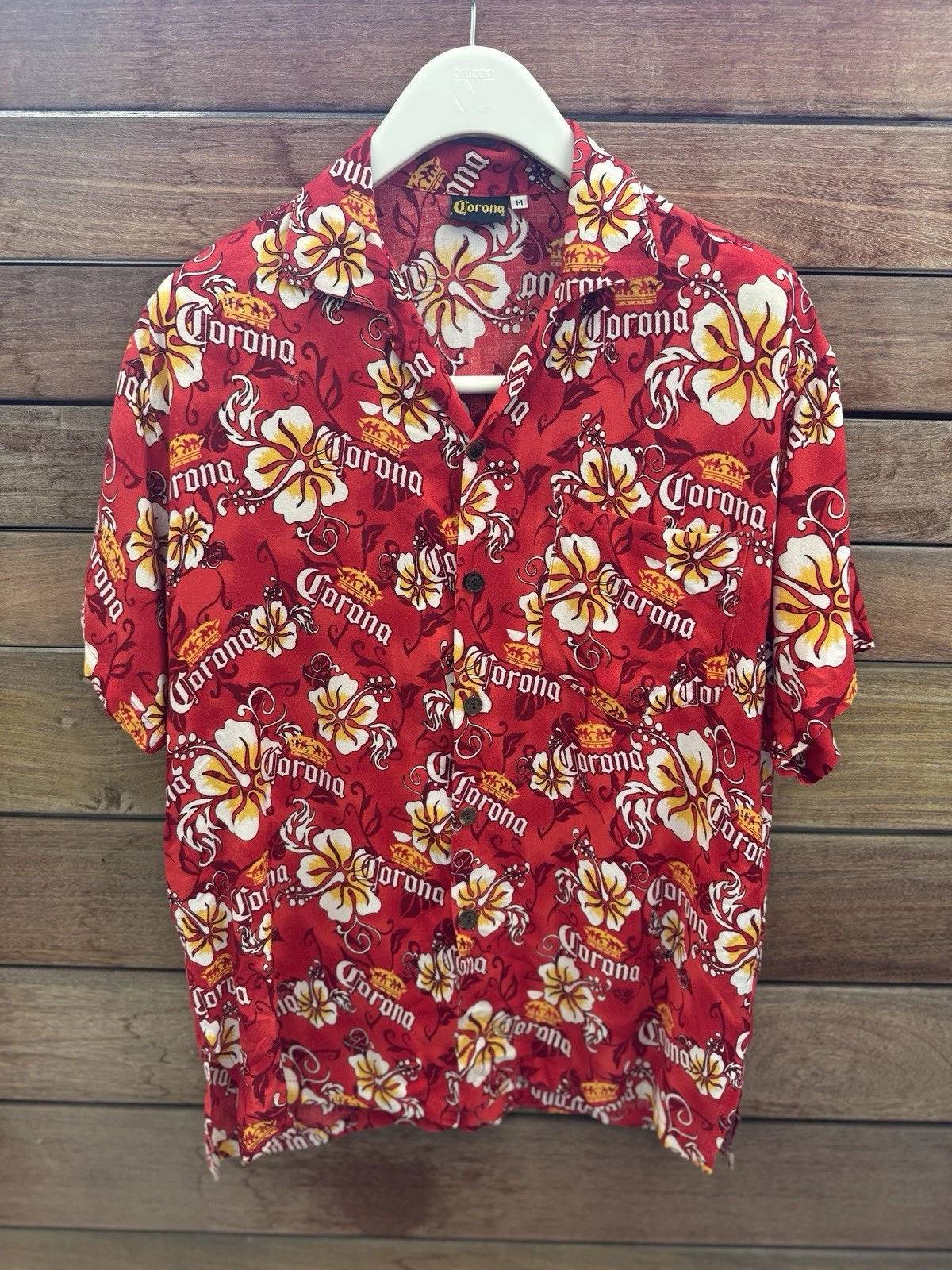 VINTAGE Corona Men’s Button Down - Red Tropical Hawaiian Corona Shirt - M - Good