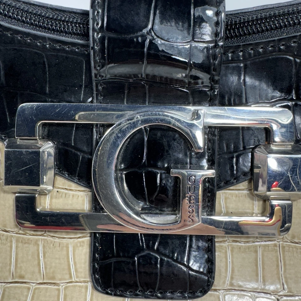 Vintage Guess Frontier Croc Embossed Hobo Bag Beige/Black Fall 2010 Medium Size - Image 3 of 4