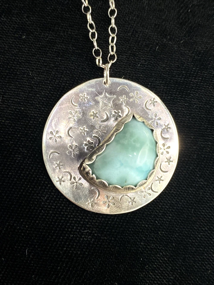 Collar Celestial Colgante Azul Larimar Piedras Preciosas Naturales Plata de Ley 925 18" Foto 4 de 4