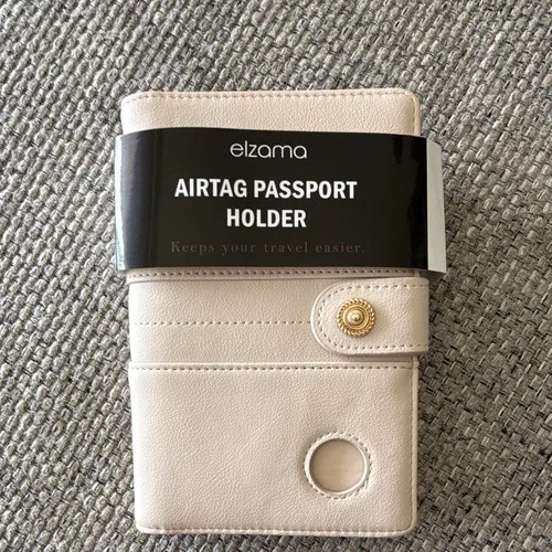 elzama Beige Faux Leather AirTag Passport Holder Wallet/Organizer Clear Window - product listing photo