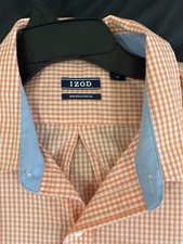 IZOD Non Iron Stretch Gingham Button Front Shirt XL Long Sleeve Orange