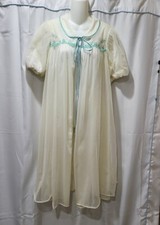 Vintage White Sheer Double Chiffon Peignoir Robe Gotham Gold Stripe Embr S