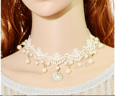 日本未入荷 666999 - Cyber pendent Pearl choker White Bridal Lace Necklace with Pearls and Diamond Pendent