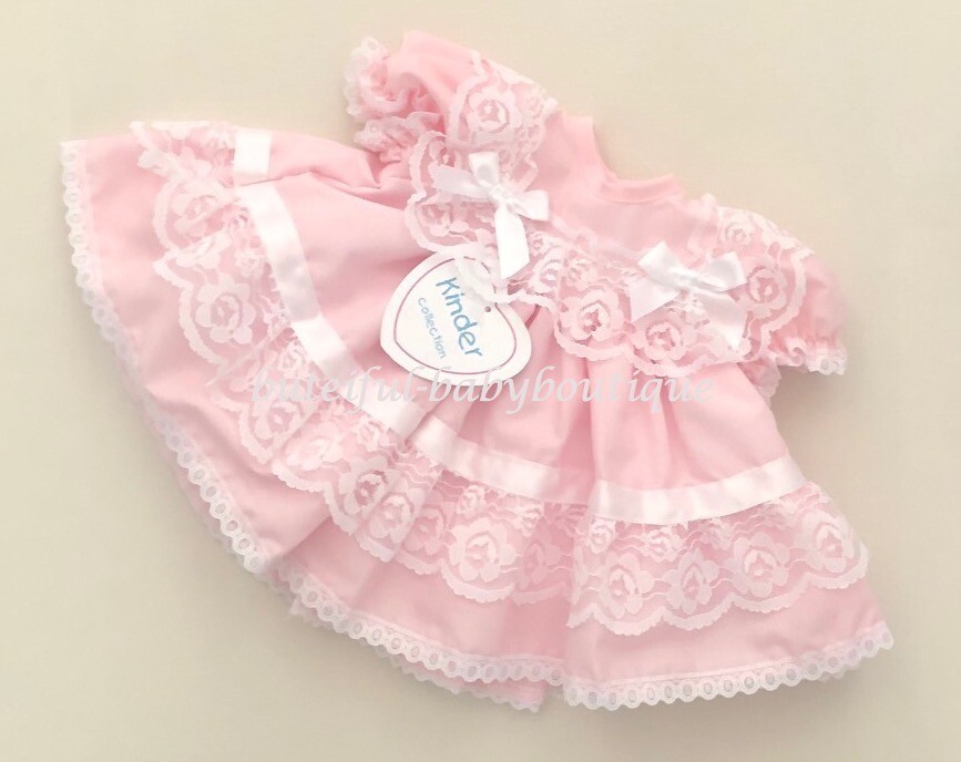 Baby Girls Traditional Romany Pink or Lilac Frilly Lace & Bows Dress
