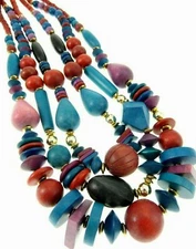 24" Wooden Beaded Multi-Strand Necklace Layered Red Blue Purple