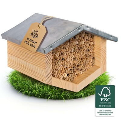 Beesi Bienenhotel mit wetterfestem Metalldach I Bienenhaus mit Schilfröhrchen