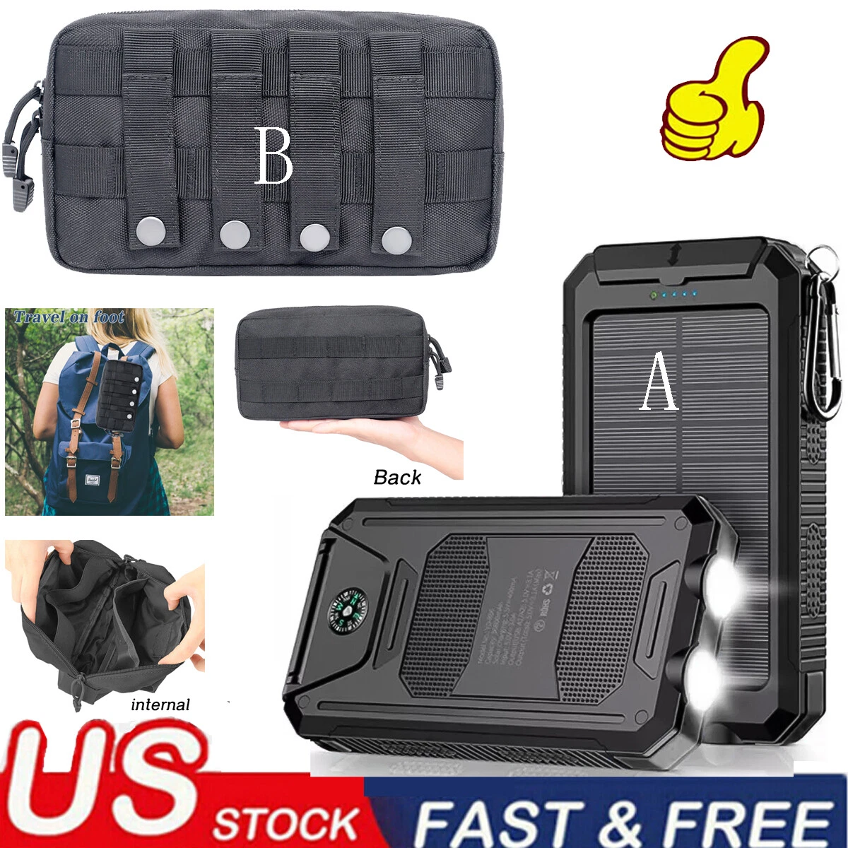 USB Portable Charger Solar Power Bank Molle Pouch Waist Pack Bag For Cell Phone