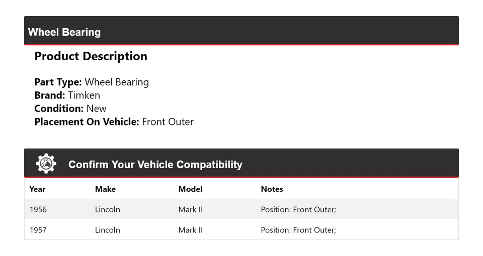 Cojinete de rueda delantero exterior Timken para Lincoln Mark II 1956-1957 Foto 2 de 4