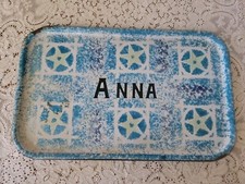 1930 Antique Blue Spongeware Stars "Anna" Enameled Serving Tray 11.25"×18.25"