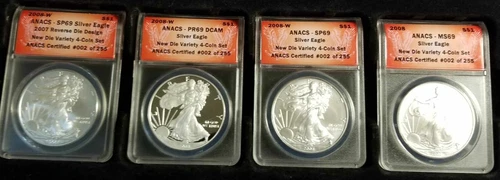 2008-W Silver Eagle 4 Coin Set ANACS SP69 2007 REVERSE DIE-PR69 DCAM-SP69-MS69