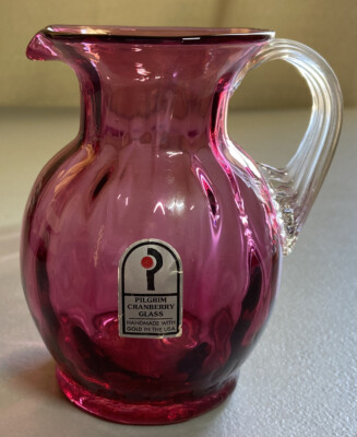 Vintage Pilgrim Cranberry Glass 4.5  Pitcher Swirl/Ribbed Detail Handmade w Gold