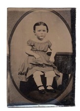 1860s Civil War Era Child Off Shoulder Dress Tinted 1/6 Plate Tintype