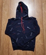 Champion Powerblend AOP Hoodie Sz S all over logo Dark Navy Blue