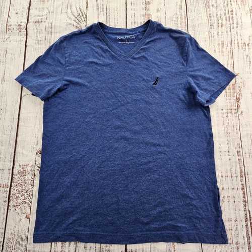 Nautica T-Shirt Blau Kurzarm Baumwollmischung V-Ausschnitt Herren L
