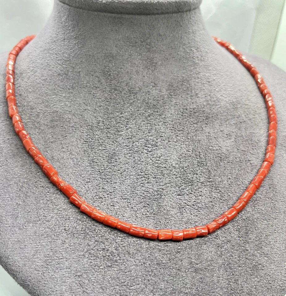 Collana Corallo Rosso Mediterraneo Naturale-46cm-Cannette 5mm-Argento 925 - Immagine 4 di 4