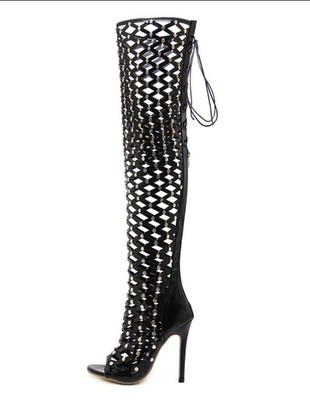 Women Lace Up Net Hollow Boot Knee High Gladiator Nightclub EU 35 US 5