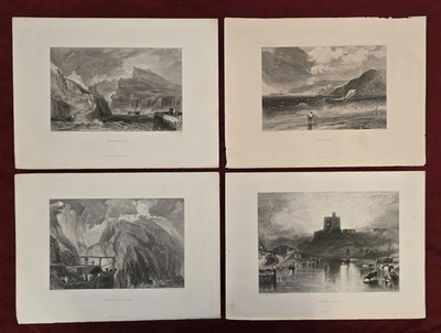 4 antike JMW Wender Gravuren - Tintagel, Norham & Küstenansichten 1800er