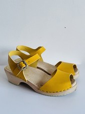 Lotta of Stockholm Swedish Yellow Leather Peep Toe Sandal Wooden Clogs Size 5/38