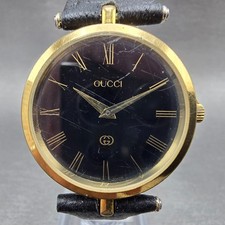 Gucci 2000M Watch Men 30mm Black Dial Gold Plated Leather Round New Battery VTGp