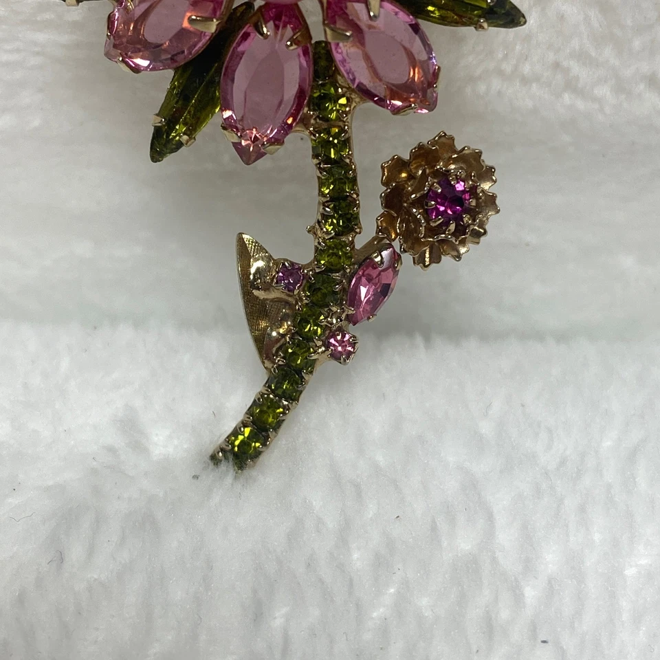 VTG Delizza & Elster Juliana Floral Brooch Pink Green Rhinestone Flower Pin - Image 3 of 4