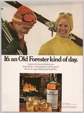 1969 Old Forester Bourbon Vintage Print Ad Skiing Winter Cabin Decor
