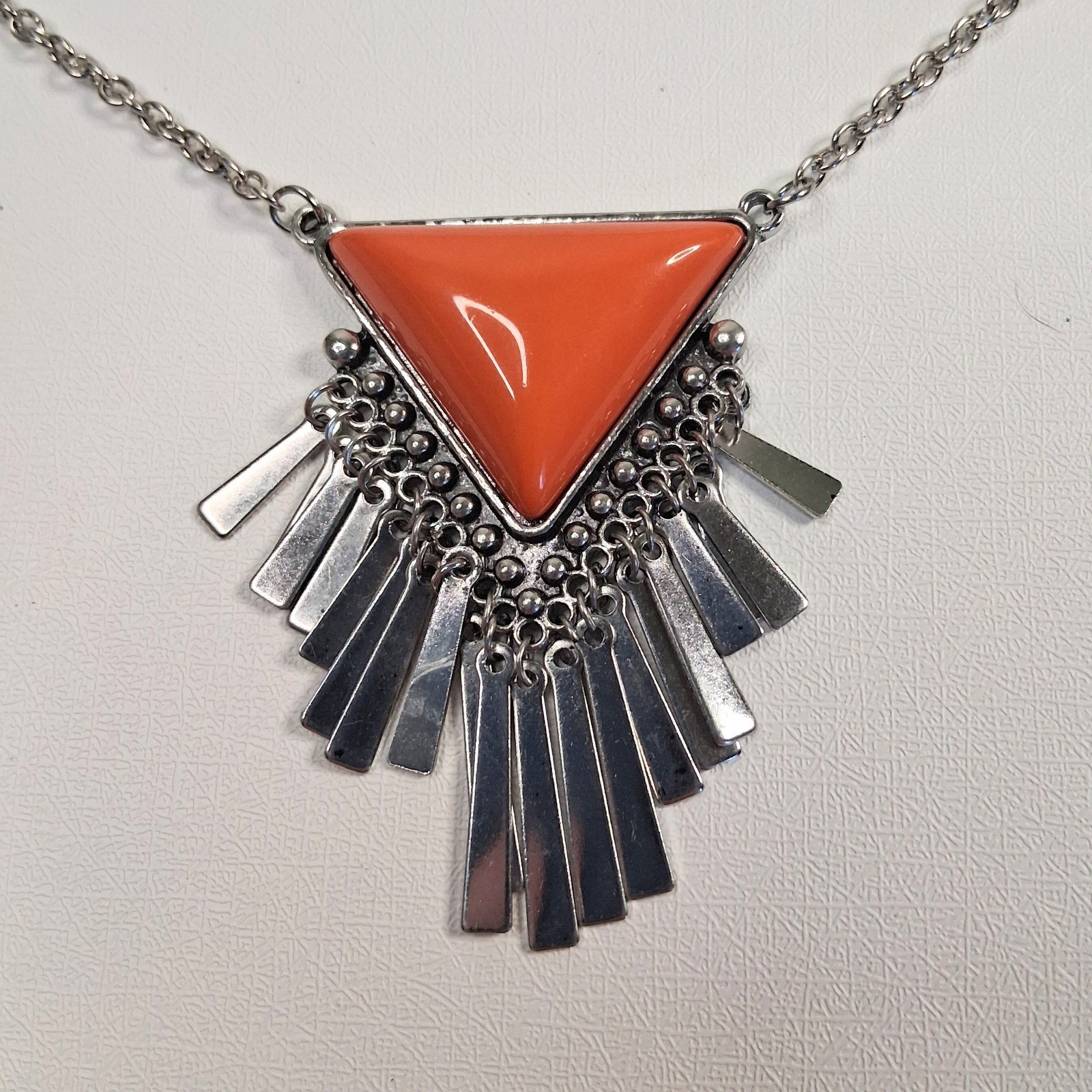 Boho Orange Triangle Statement Necklace Silver Fr… - image 1