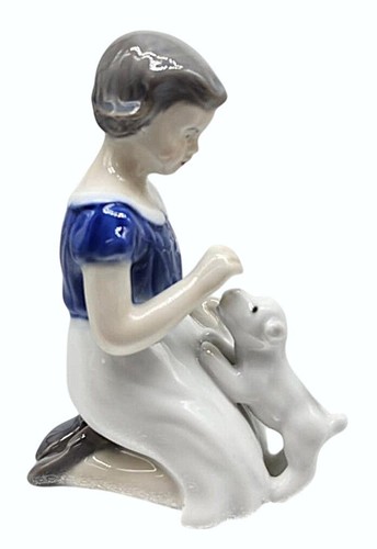 Bing & Grondahl Girl With Dog Terrier Blue Dress Porcelain Vintage Danish - Picture 2 of 11