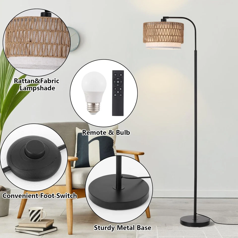 Lámpara de pie de arco para sala de estar, lámpara de pie boho con pantallas de ratán y tela... Foto 3 de 4