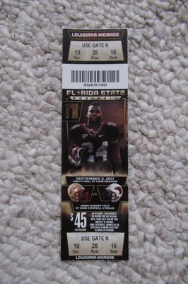 6 FLORIDA STATE SEMINOLES VS LOUISIANA-MONROE WARHAWKS 9/3/2011 FULL TICKET