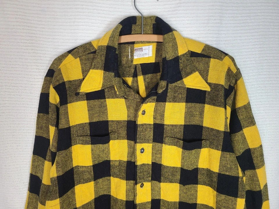 Vintage 1970 Montgomery Ward amarillo búfalo tejido a cuadros con botones grande retro Foto 3 de 4
