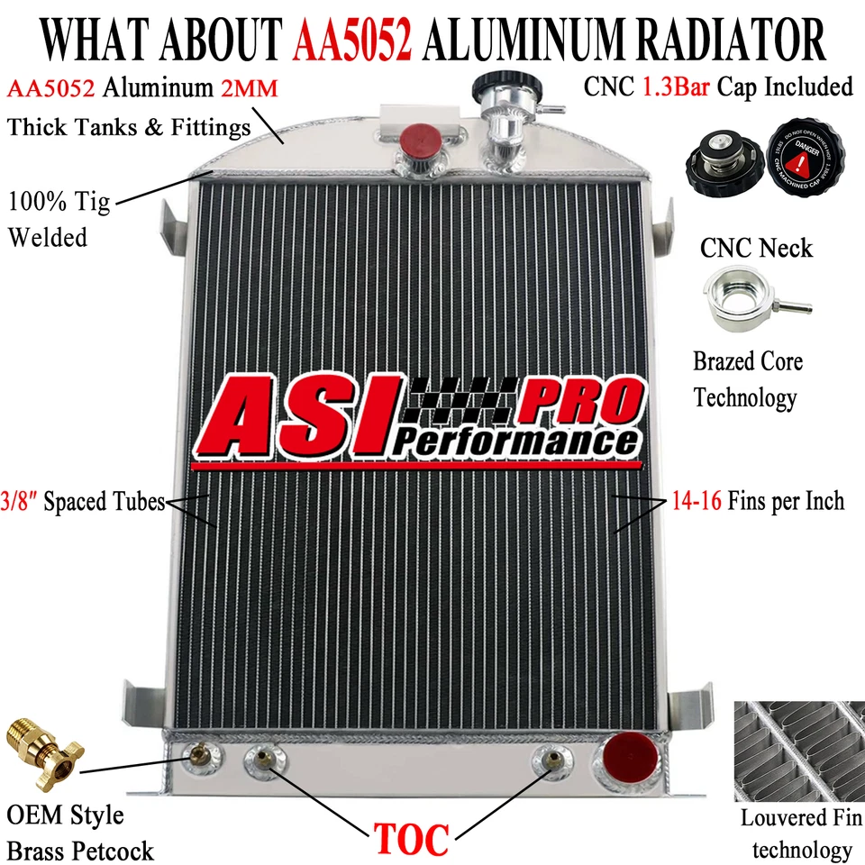 4-Row Aluminum Radiator For 1933-1934 Ford Model 40 1933-1935 1Ton 1/2Ton 3/4Ton Foto 2 de 4