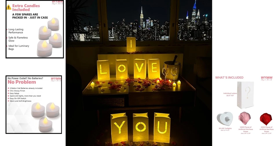 I Love You Juego de Decoración Iluminado con 30 Tealights y 1000 Pétalos de Rosa Románticos Foto 2 de 4