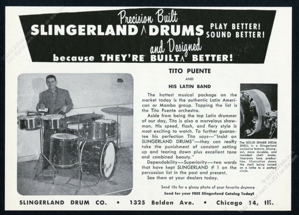 1958 Tito Puente photo Slingerland drums drum set kit vintage print ad