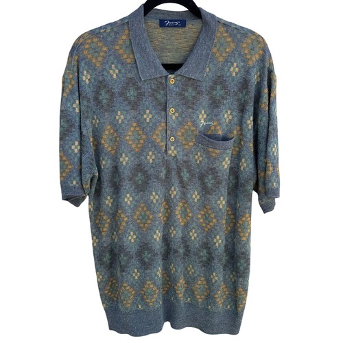 Focus Vintage Mens Short Sleeve Geometric Pattern Pocket Knit Polo Sweater L
