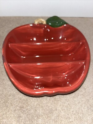 Red Apple Shaped Appetizer Platter Ceramic Divided Dish 9.5 x 9 Inches