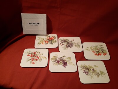 6 rechteckige  JASON COASTERS / Untersetzer Frucht-Motive in Box 9,5 x 11,3 cm