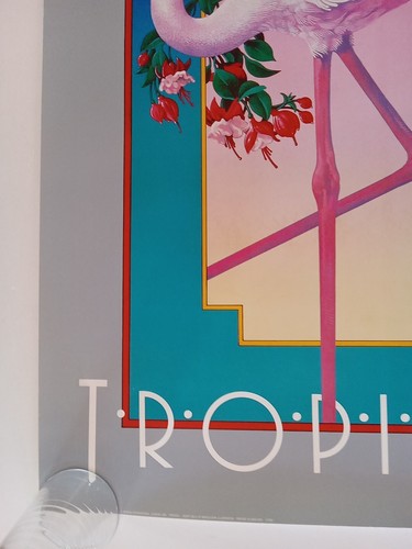 Póster de flamenco tropical vintage 1984 Art Deco pájaro exótico flores rosas - Imagen 4 de 6