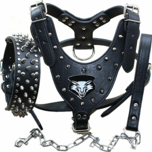 Spiked Studded Leather Dog Harness&Collar&Leash Set Pitbull Mastiff